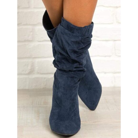 🆕Women's Navy Suede Mid Calf High Slouchy Chunky Heel Block Pointed Toe Boots - Picture 9 of 10